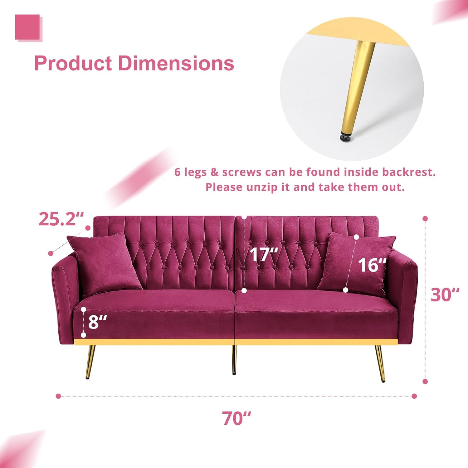 Velvet Futon Sofa Set Adjustable Backrests And Armrests 70 Inch Convertible Sofa Bed And Tufted Accent Chair Fuchsia-3