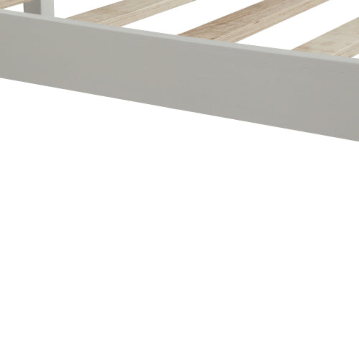 Close-up of a wooden bed frame with slats on a white background