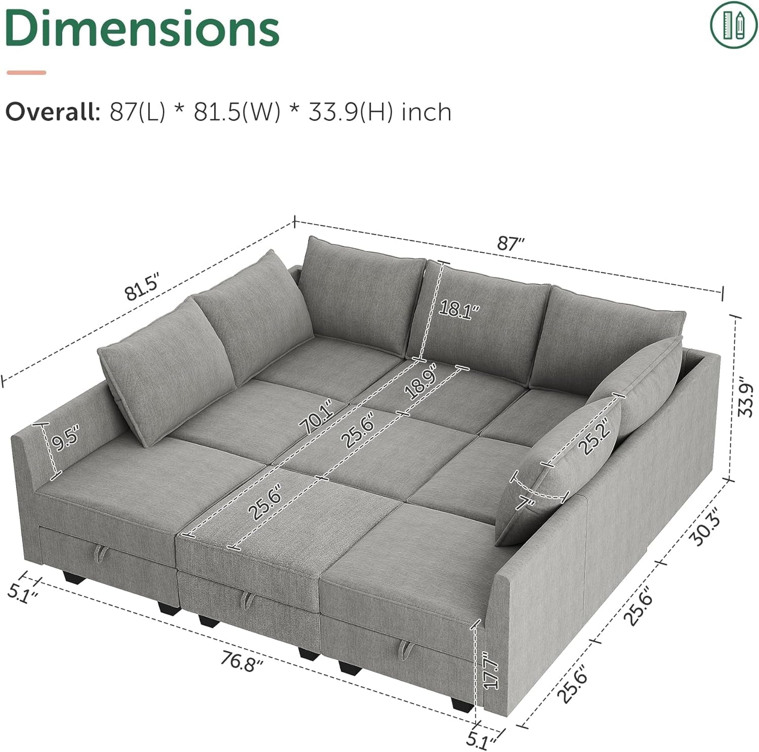 Gray sectional sofa with dimensions labeled on a white background