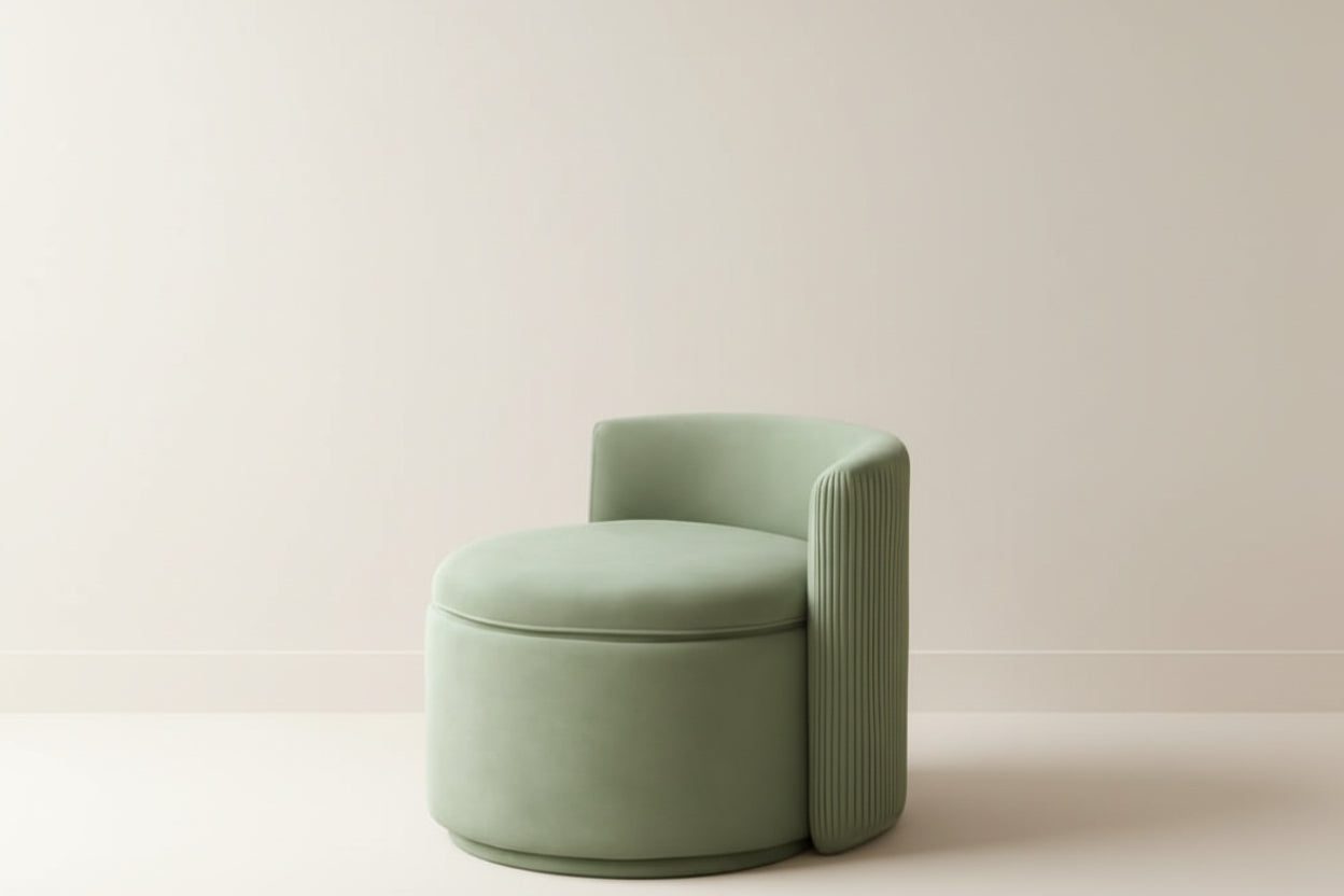 Green armchair in a room with a beige wall and wooden side table.