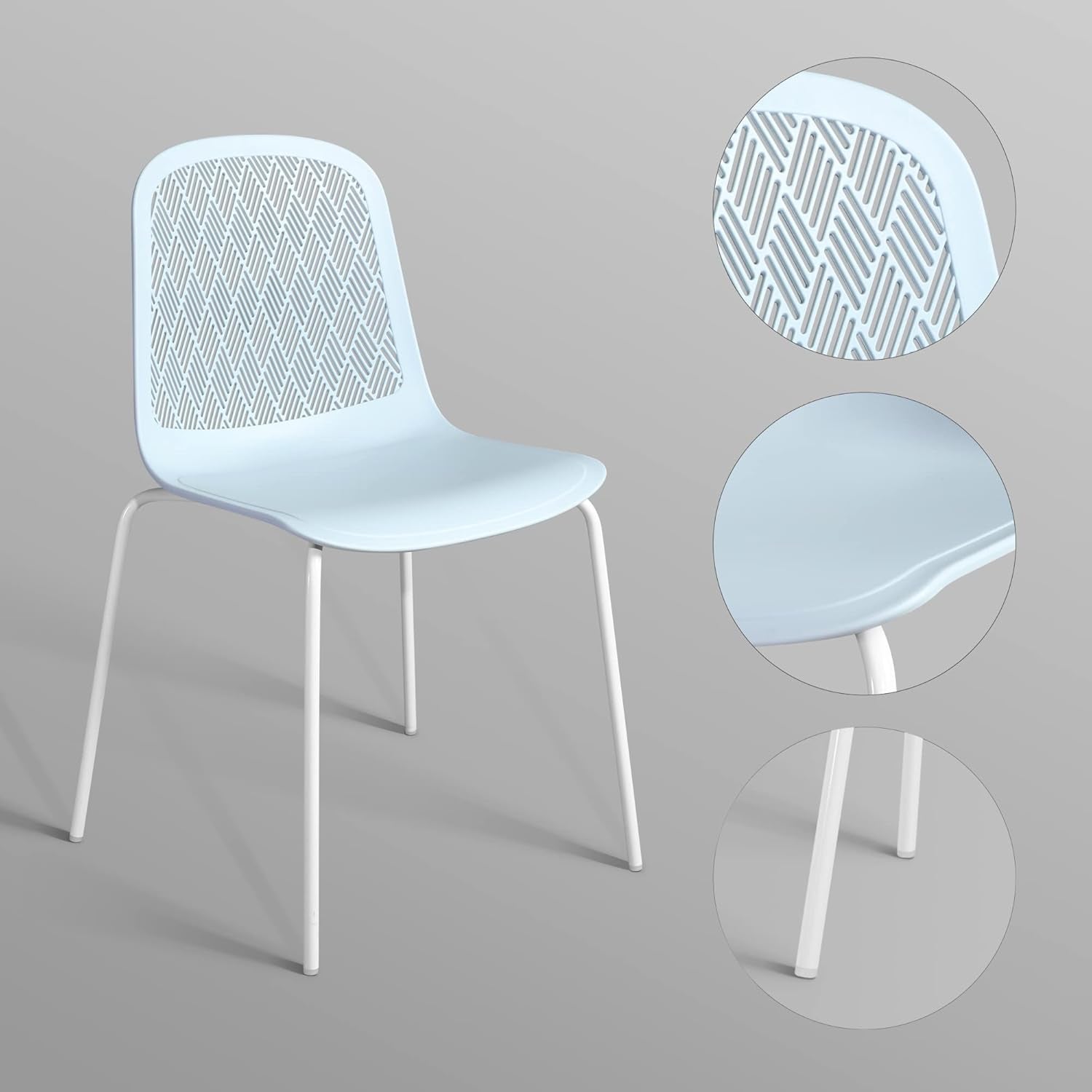 Light blue chair with white mesh back and legs on a gray background
