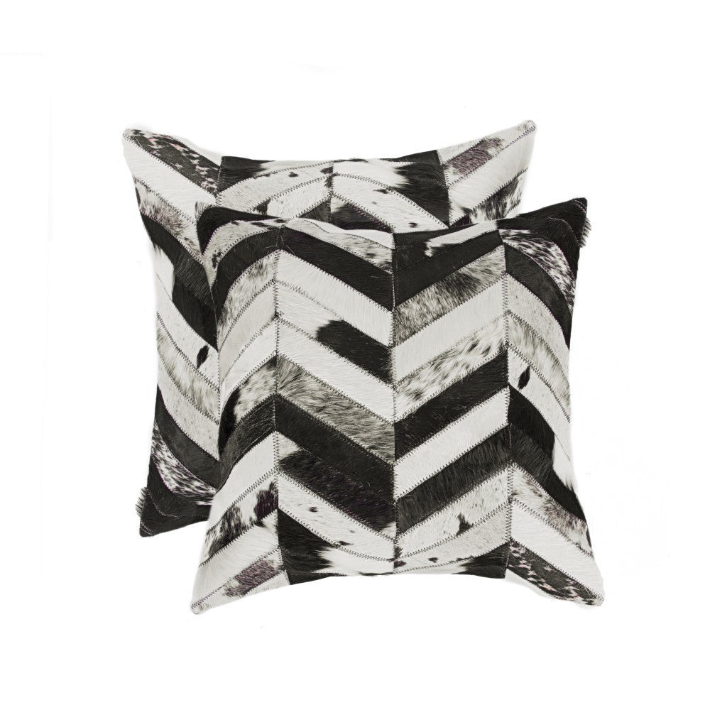 Set of Two 18" Black and Natural Chevron Cowhide Throw Pillows-3