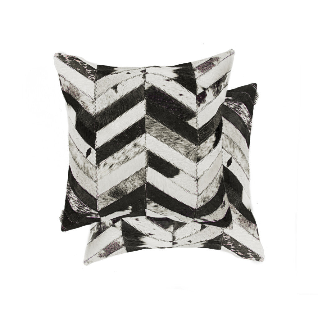 Set of Two 18" Black and Natural Chevron Cowhide Throw Pillows-1
