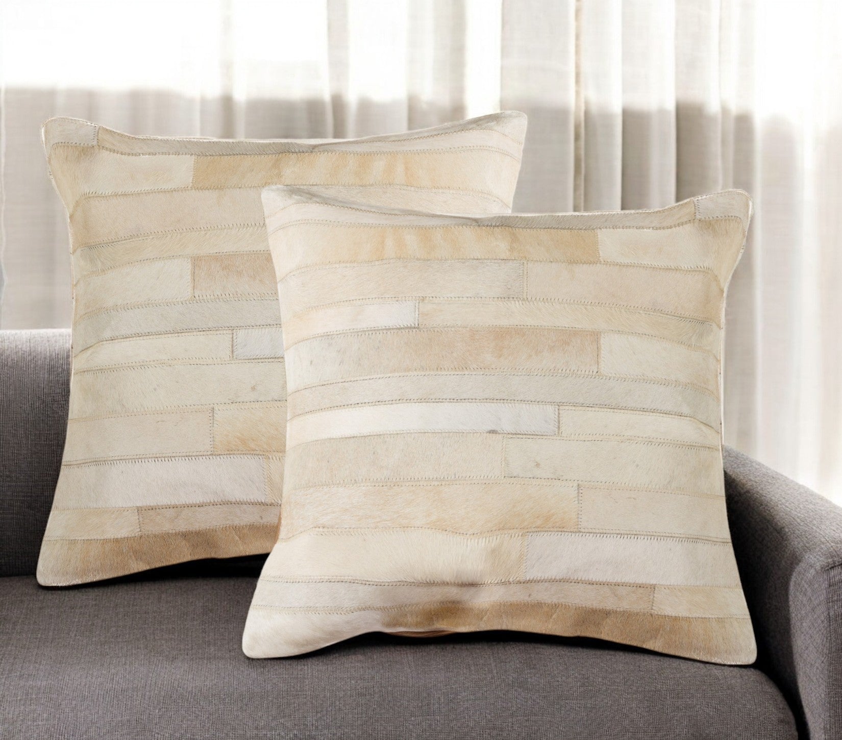 Set of Two 18" Natural Patchwork Cowhide Throw Pillows-0