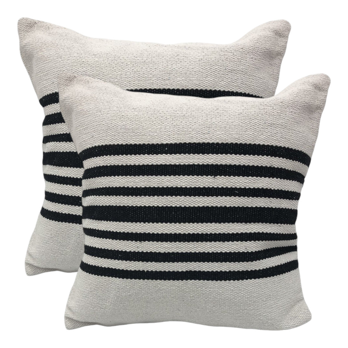 Two striped pillows with black and white stripes on a white background