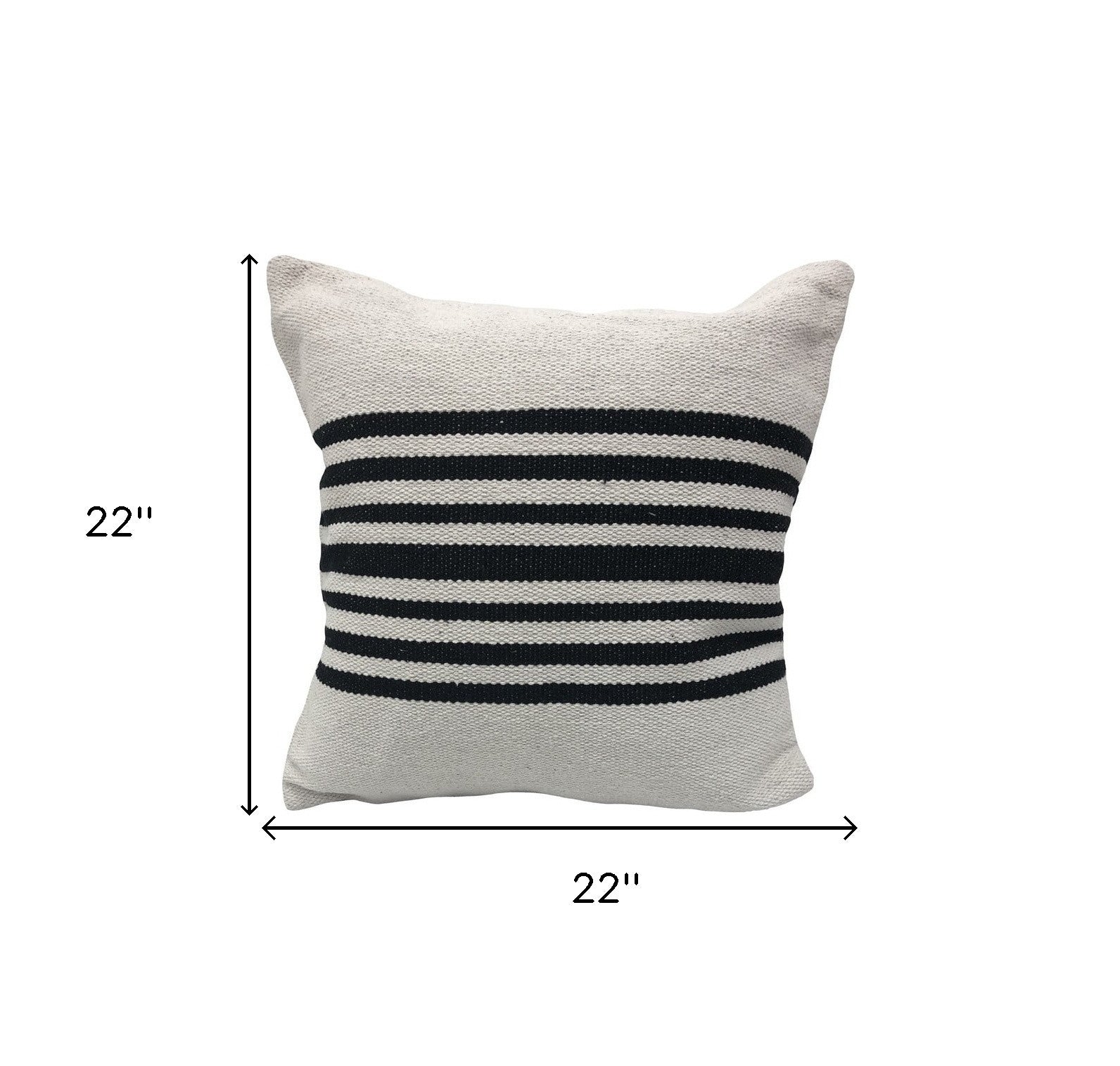 Gray pillow with black stripes and measurements on a white background