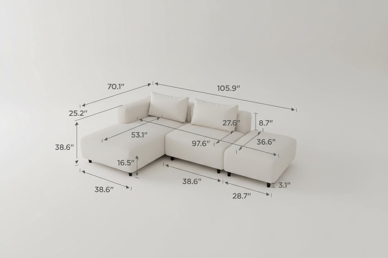 Soft Corduroy Sectional Sofa Set L Shaped Cream Modular-1