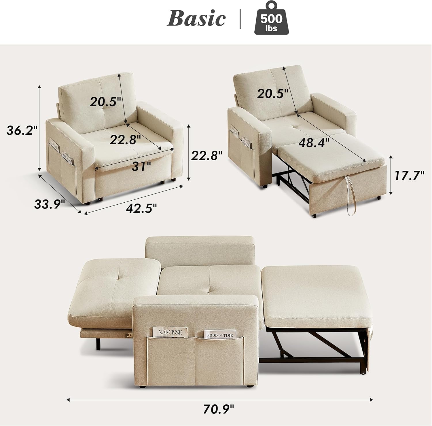 Beige sectional sofa with dimensions labeled on a white background