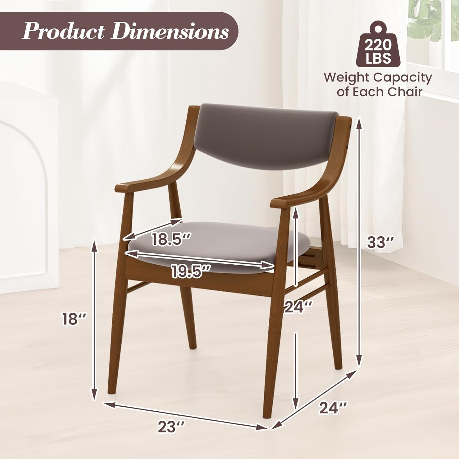 Chair with dimensions and weight capacity displayed