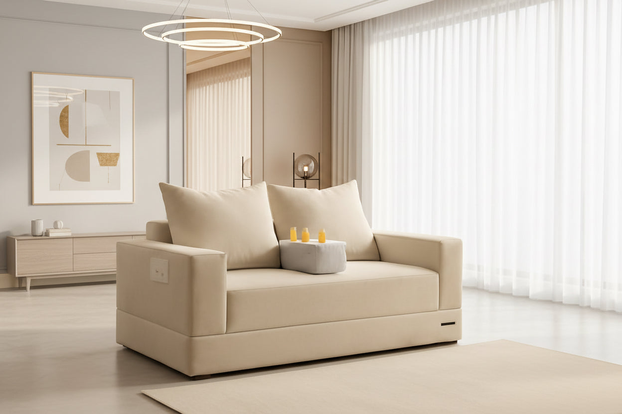 Beige Foldable Convertible Sleeper Sofa With CupHolders-0