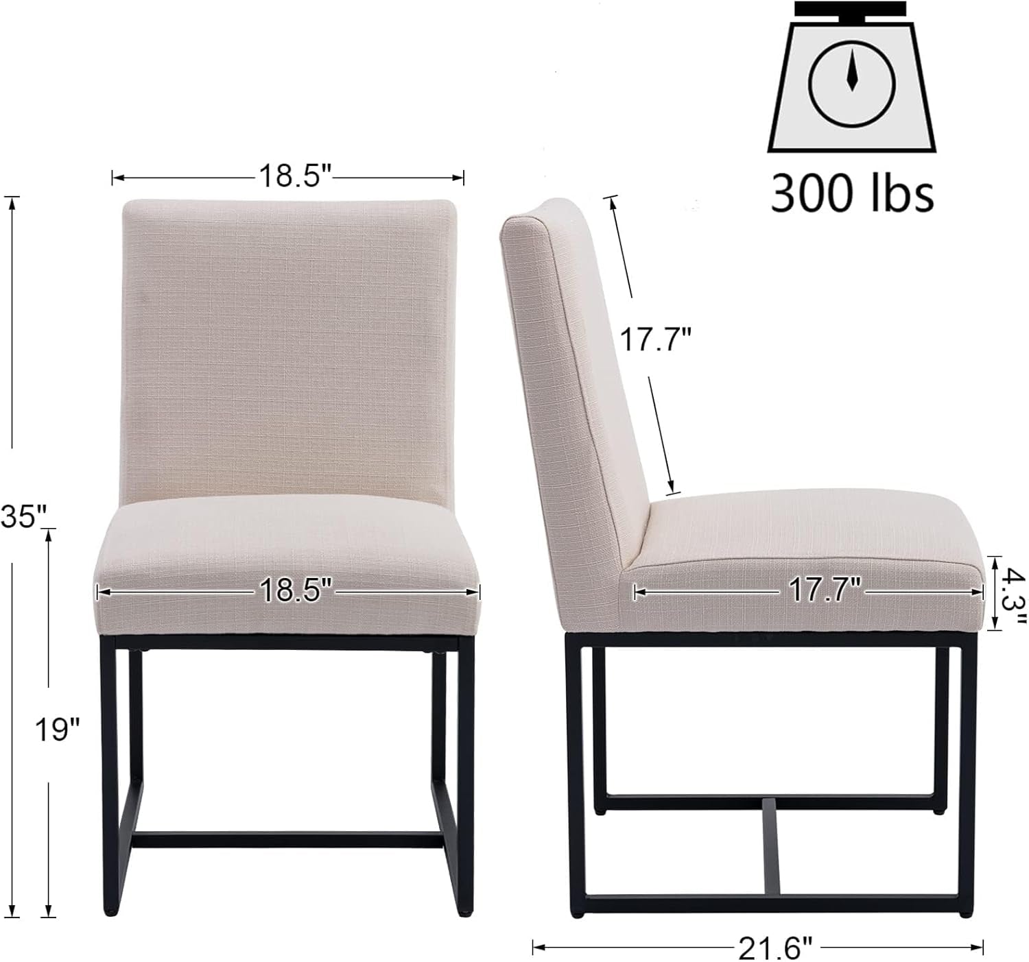 Beige chairs with measurements and weight capacity on a white background
