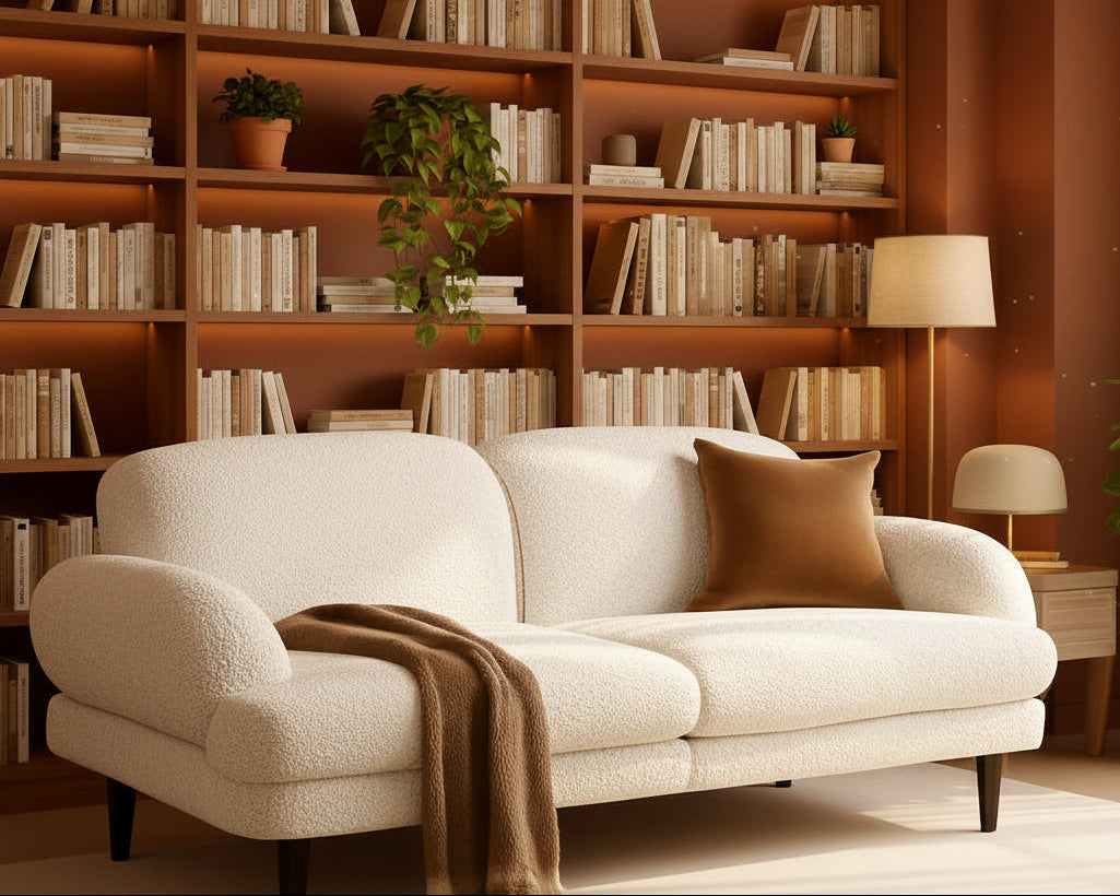 White sofa with a brown throw and pillow against an orange wall in a modern living room.
