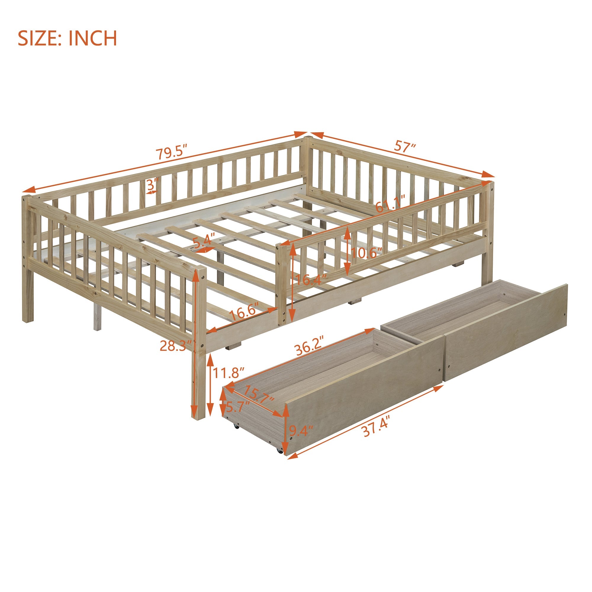 Full Size Daybed Wood Bed with Two Drawers