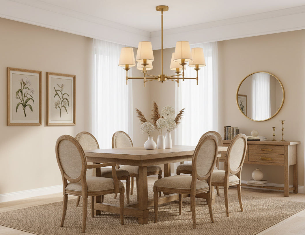 Chandelier in a bedroom with floral bedding and framed artwork on the wall.