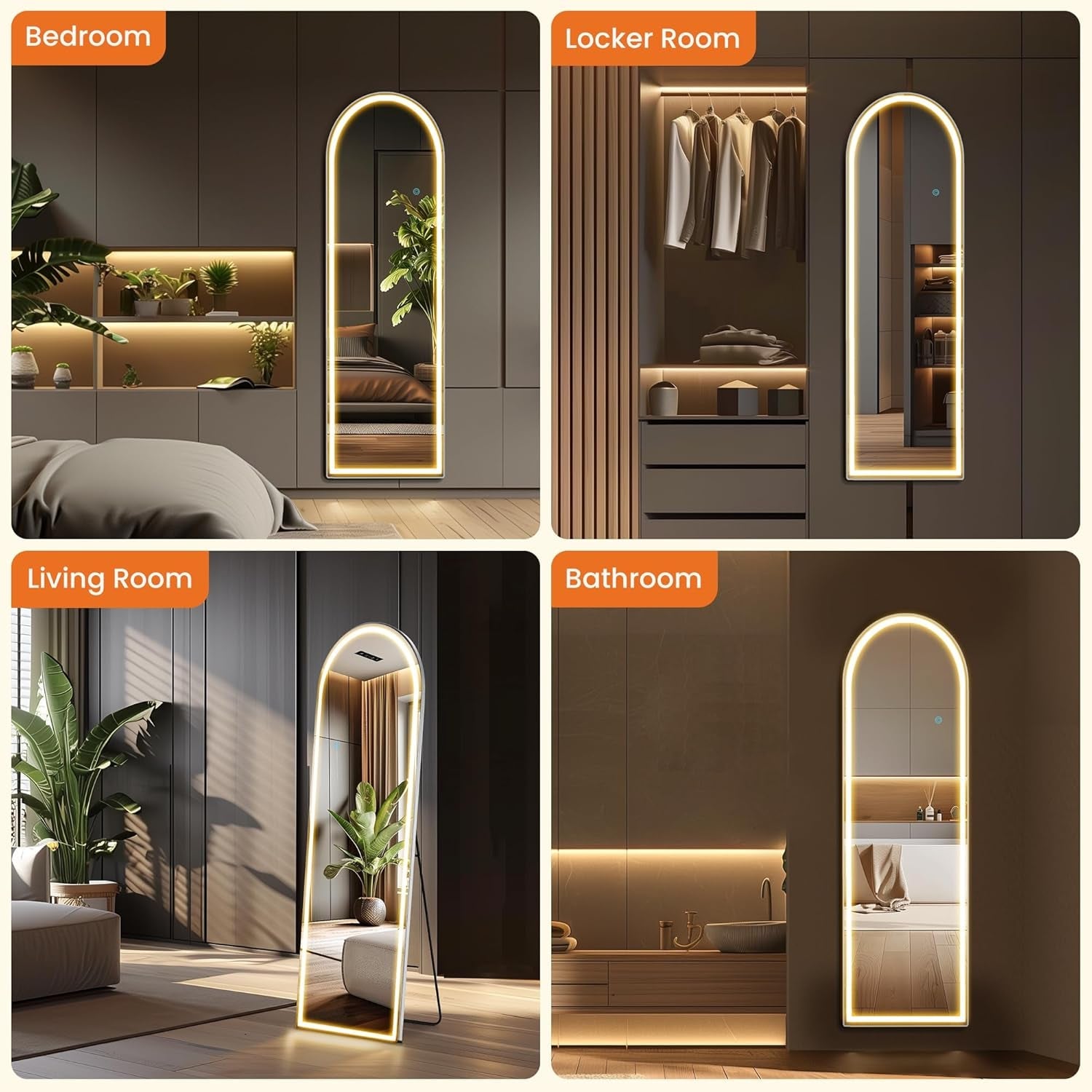 Collage of a standing mirror in different rooms including bedroom, locker room, living room, and bathroom.
