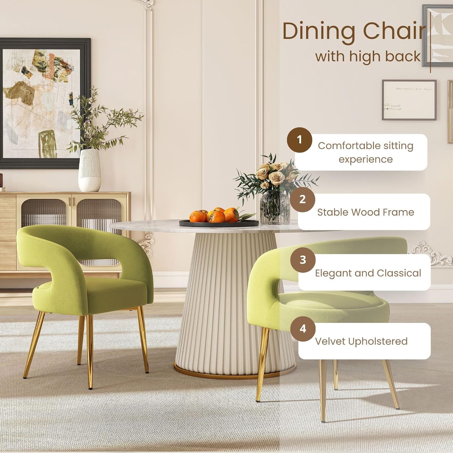 Dining chairs with high back in a stylish room setting, featuring text on comfort, stability, design, and material.