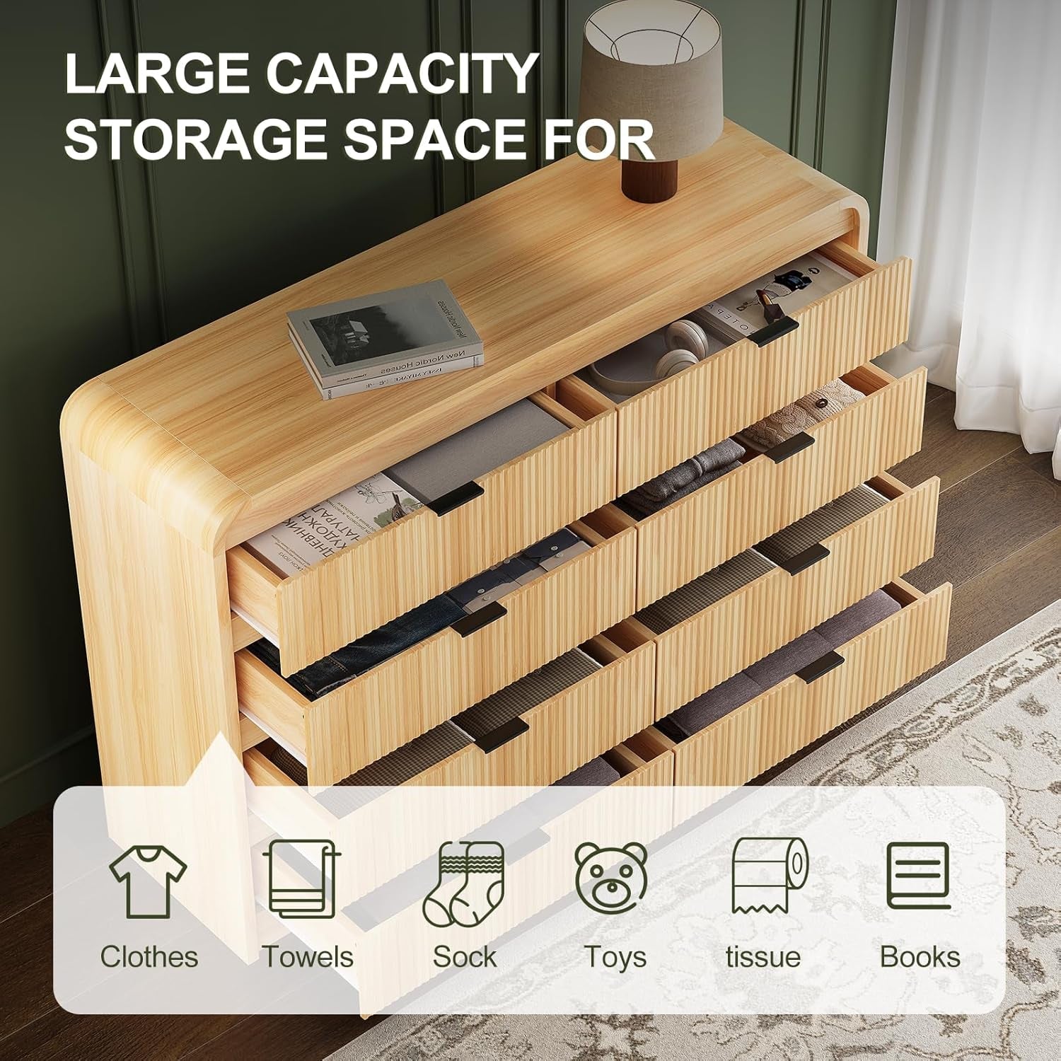 Wooden dresser with multiple drawers labeled for storage of clothes, towels, socks, toys, tissues, and books.