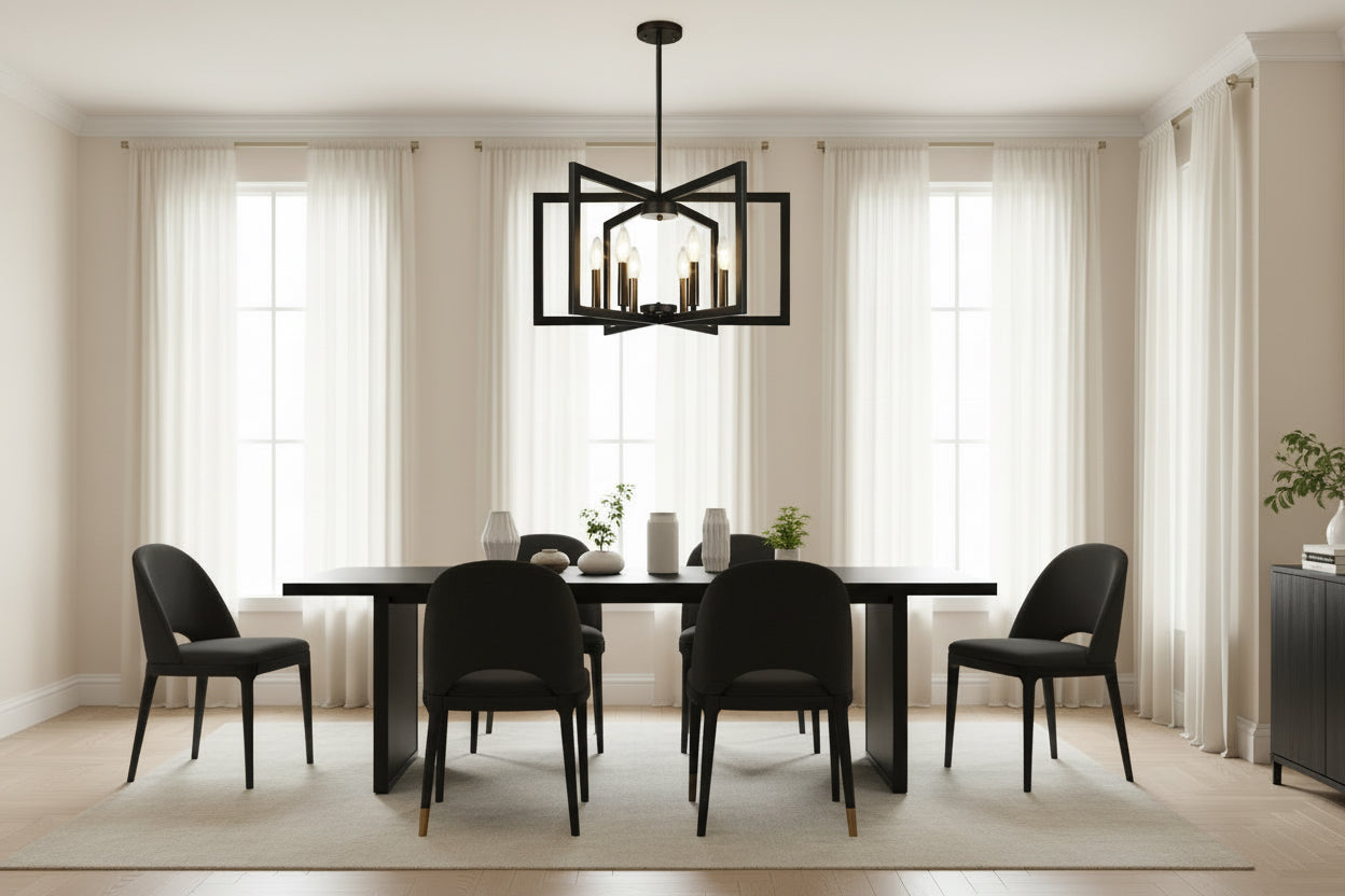 Black chandelier hanging in a room with white walls and a window.