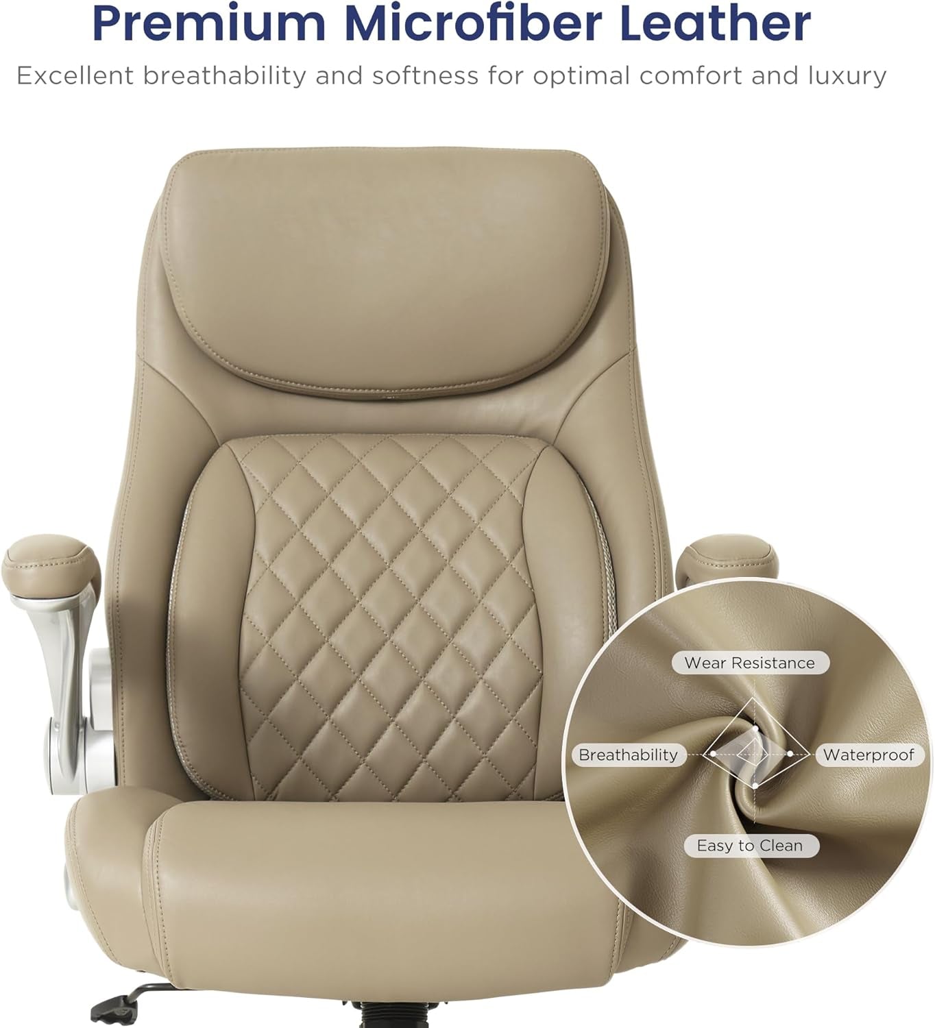 Beige recliner chair with premium microfiber leather, highlighting features on a white background.