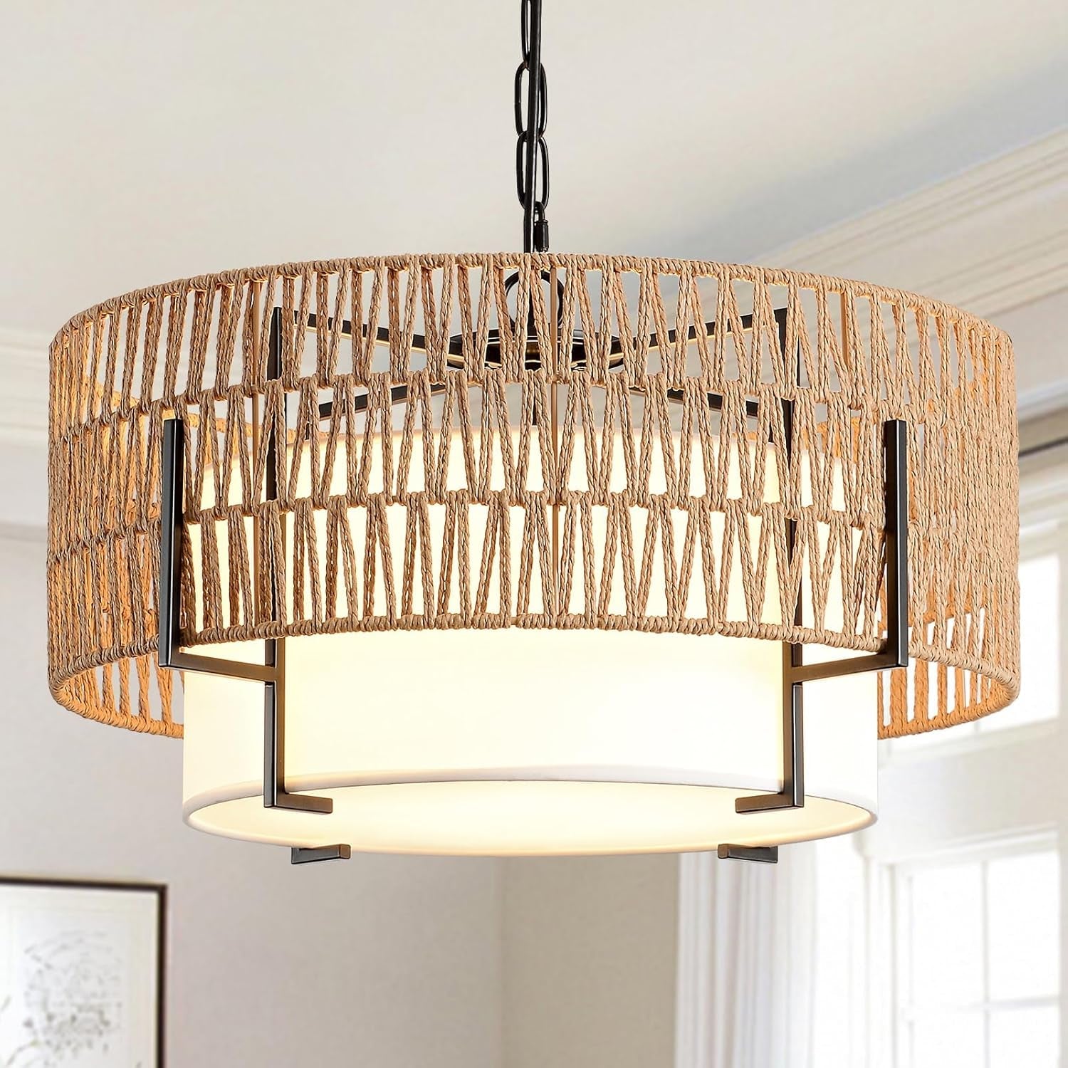 Chandelier with woven design in a room setting