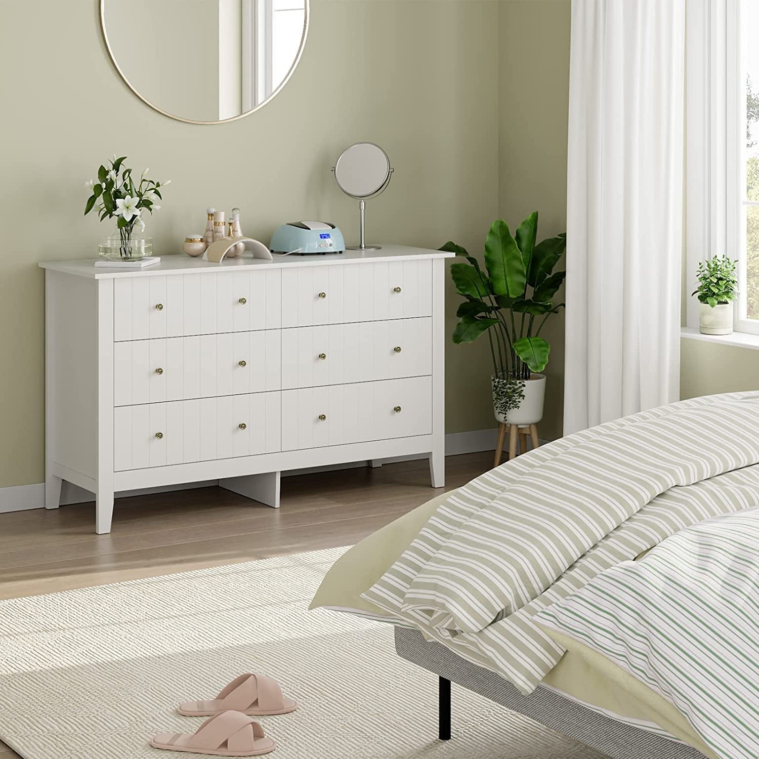 Modern White 52.4 Inch Wide 6 Drawer Dresser Chest Storage