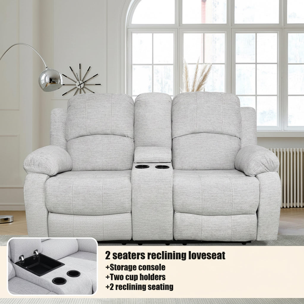 Gray reclining loveseat with storage console and cup holders in a living room setting.
