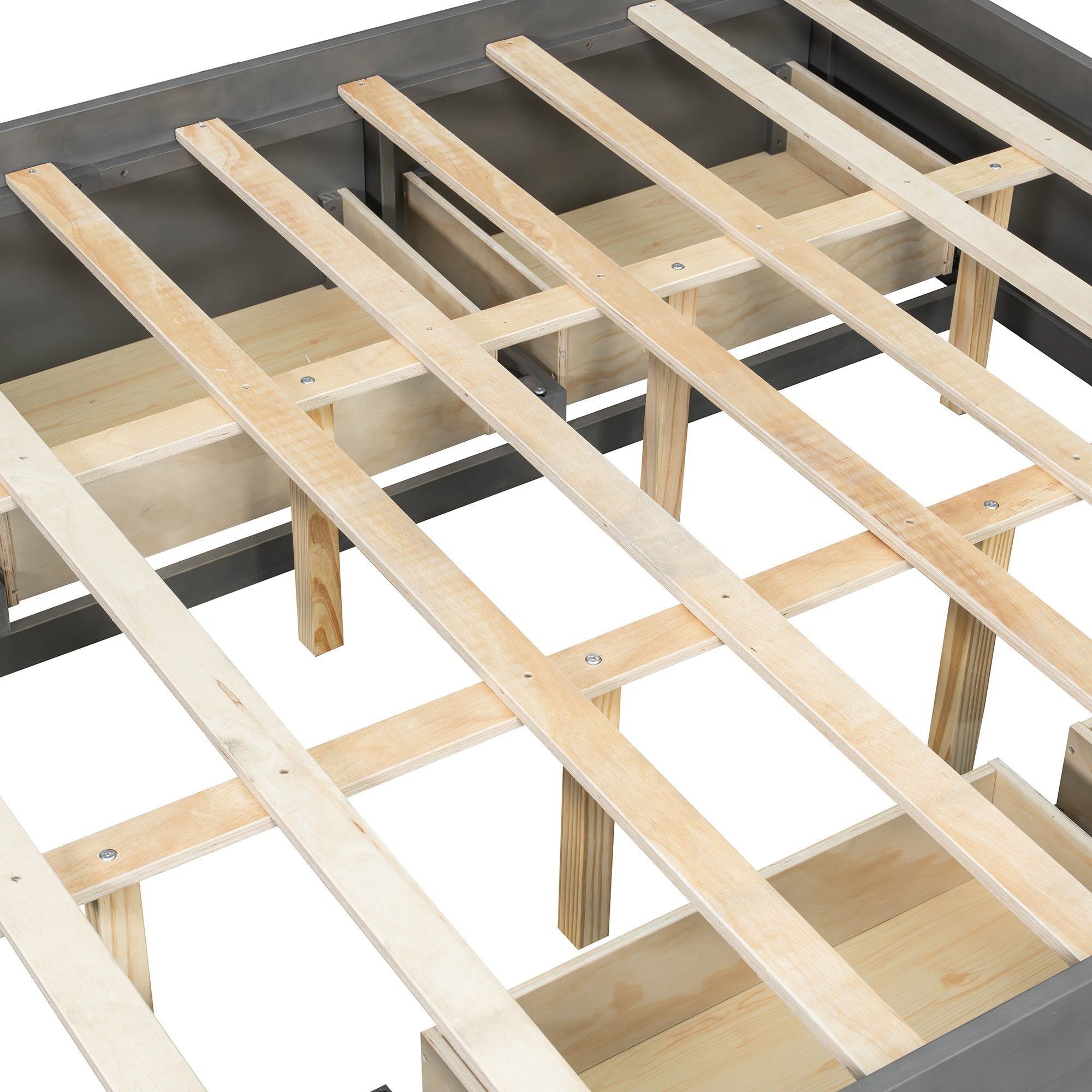 Platform Bed Frame with 4 Storage Drawers and Footboard Storage Cubby,