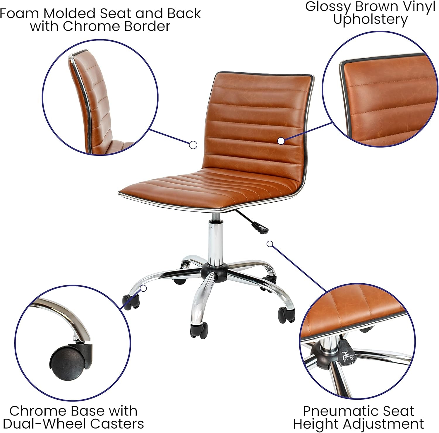 Brown office chair with features highlighted on a white background