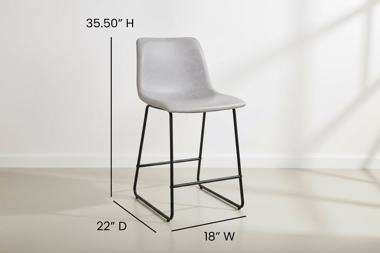 Gray bar stool with black metal legs and dimensions displayed on a white background