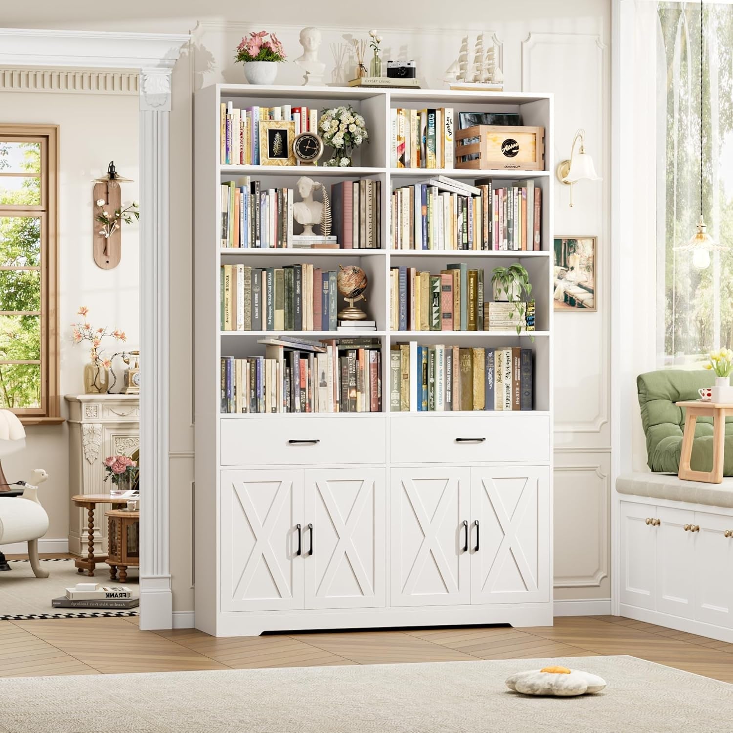 White bookshelf filled with books and decorative items in a living room setting.
