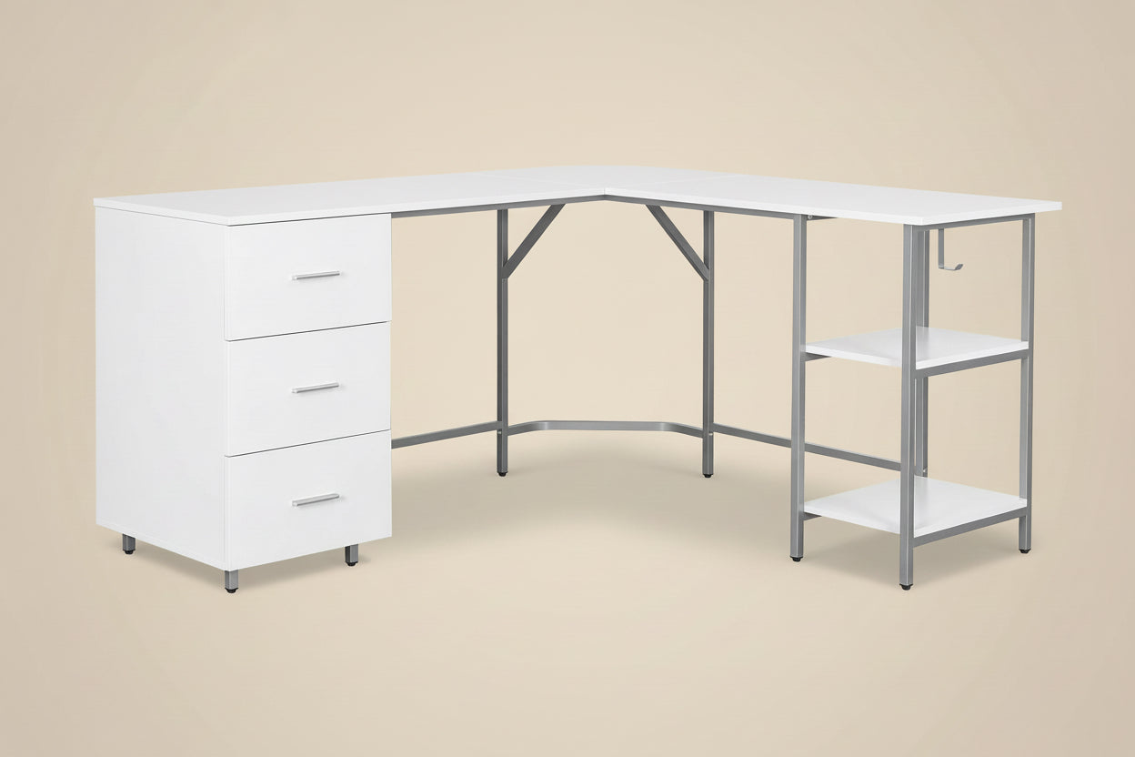 White L-shaped desk with shelves and drawers on a white background