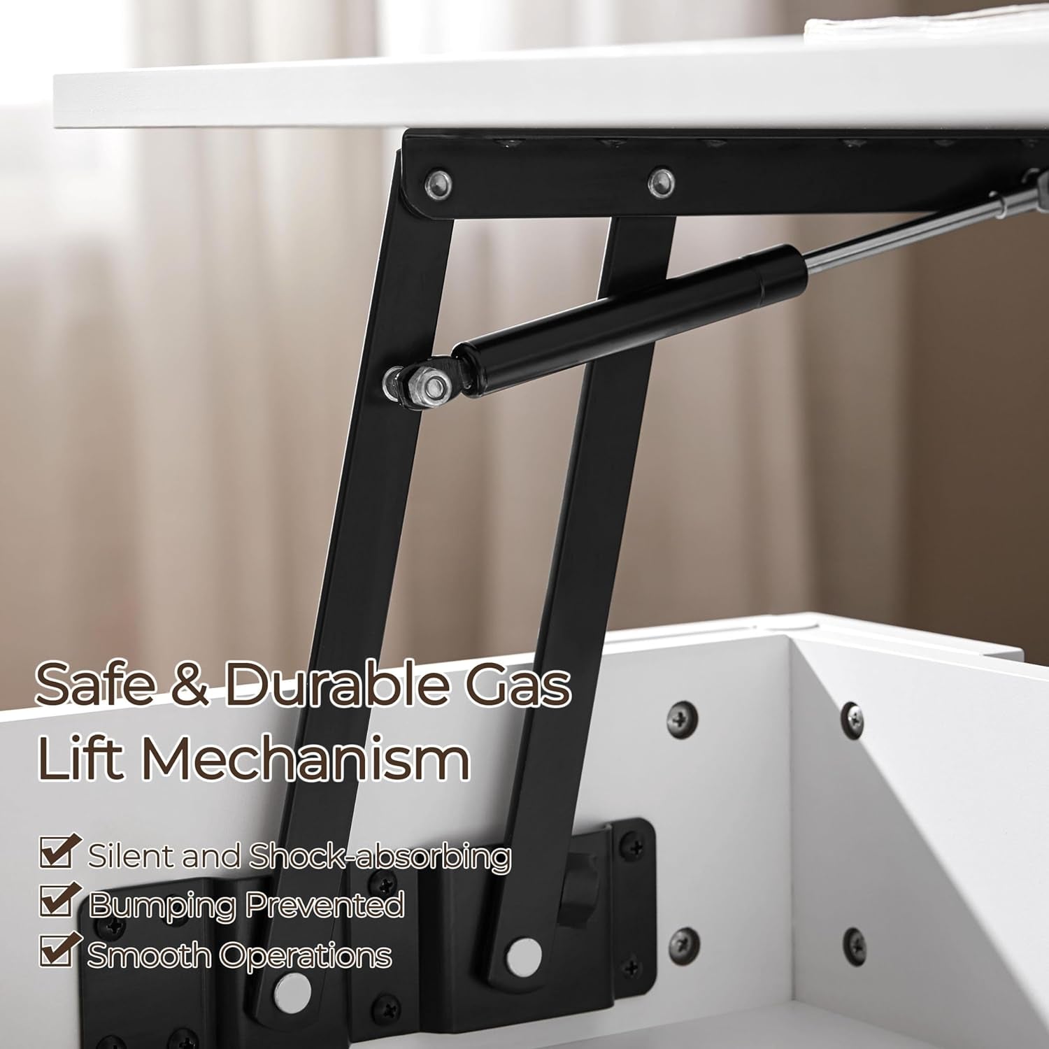 Black gas lift mechanism on a white surface with text highlighting features.