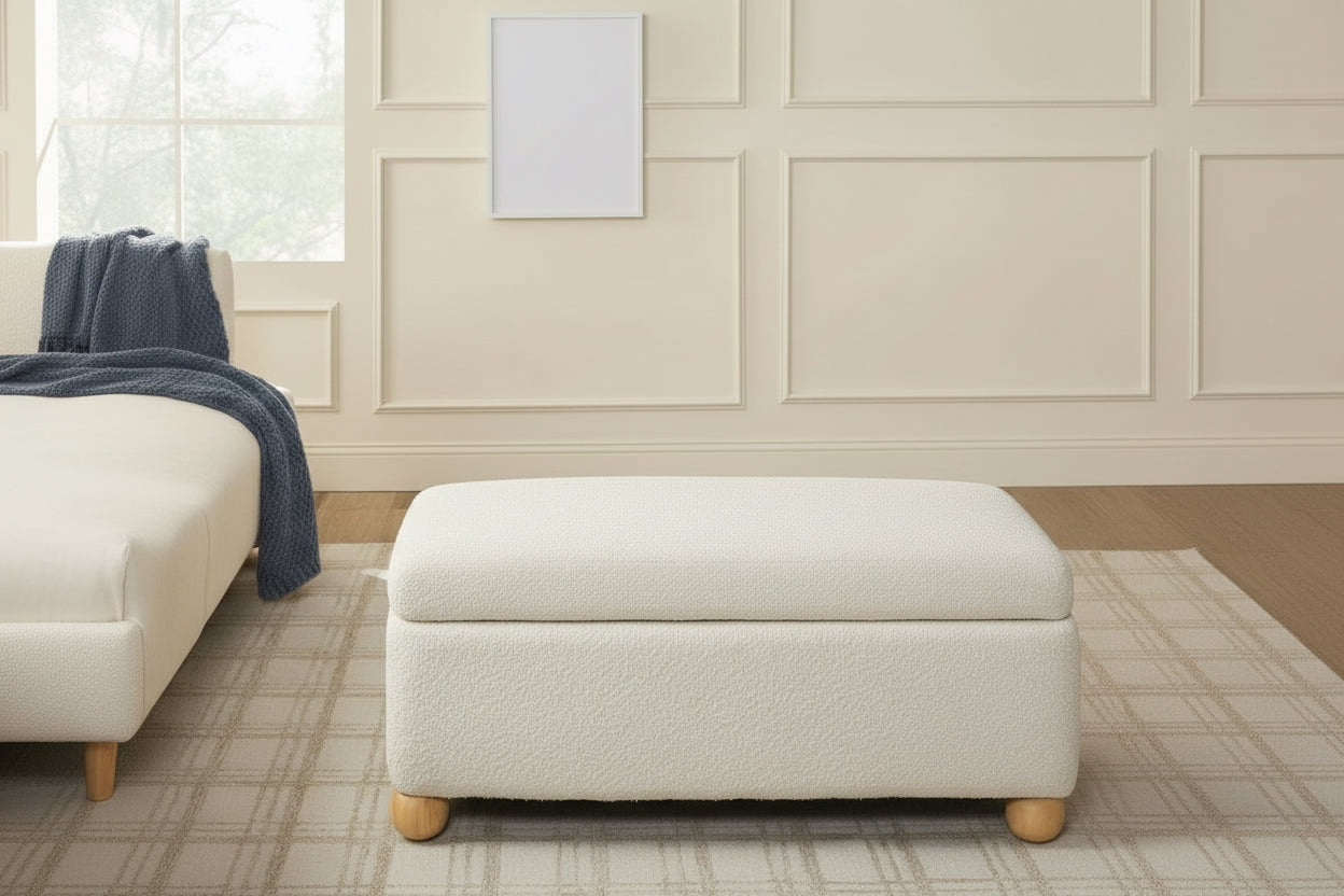 Beige ottoman with storage compartment in a living room setting