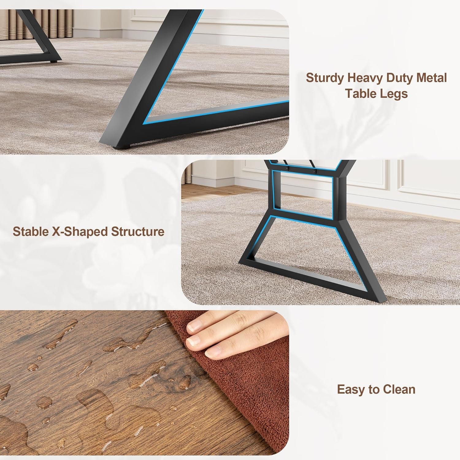 Table legs with text highlighting stability, durability, and ease of cleaning.