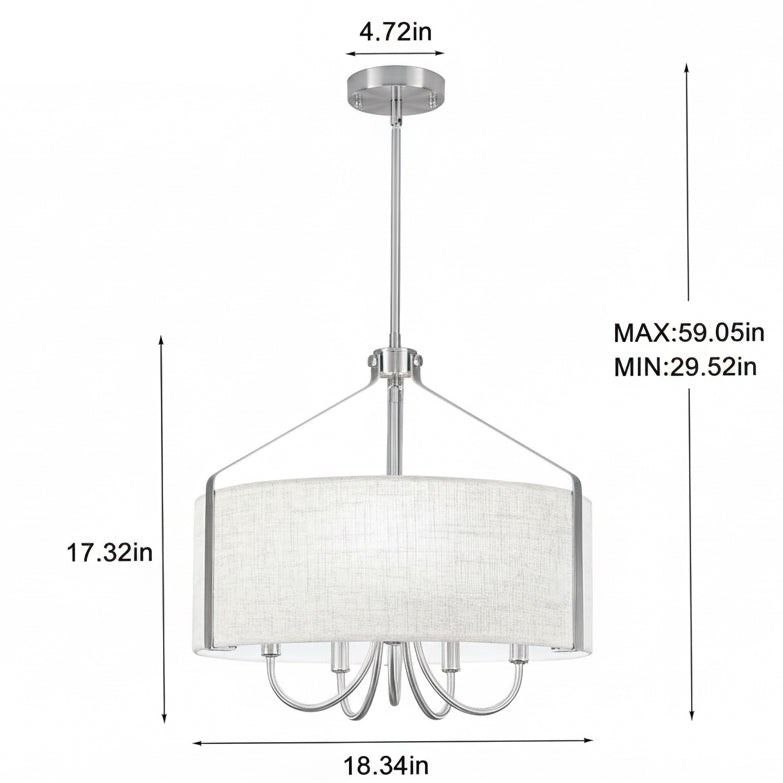 Chandelier with dimensions and bulb recommendations on a white background