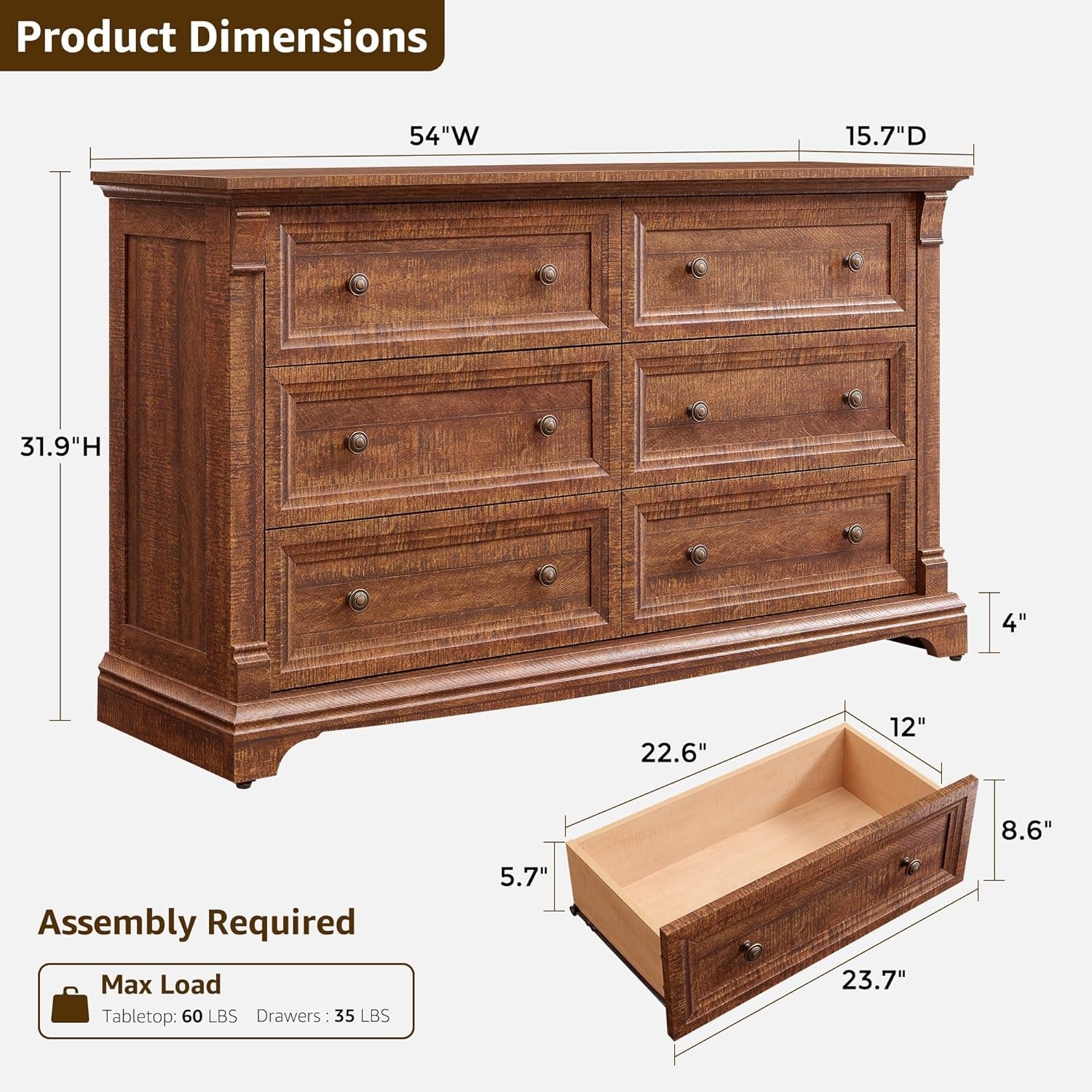 Wooden dresser with dimensions labeled on a white background