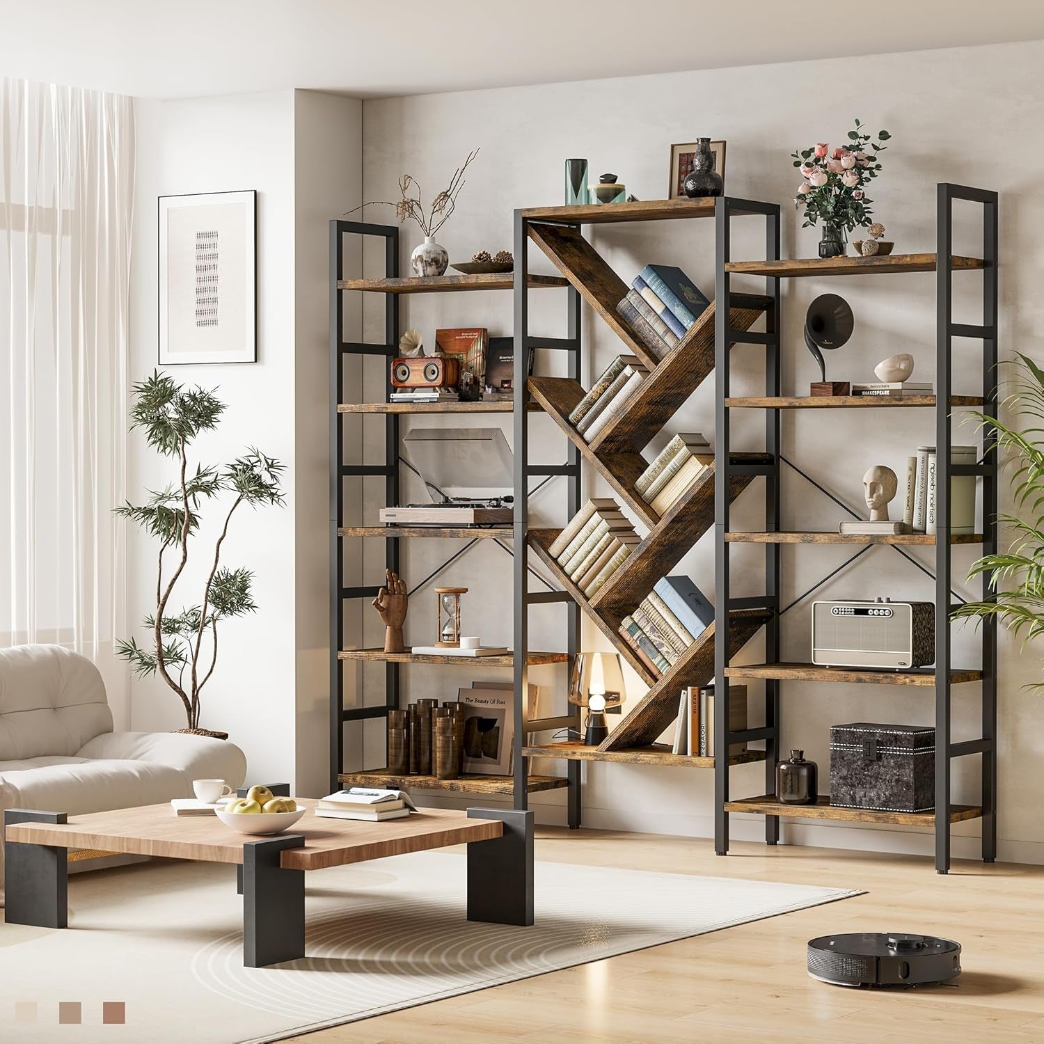 Modern living room with wooden bookshelves and decor items.