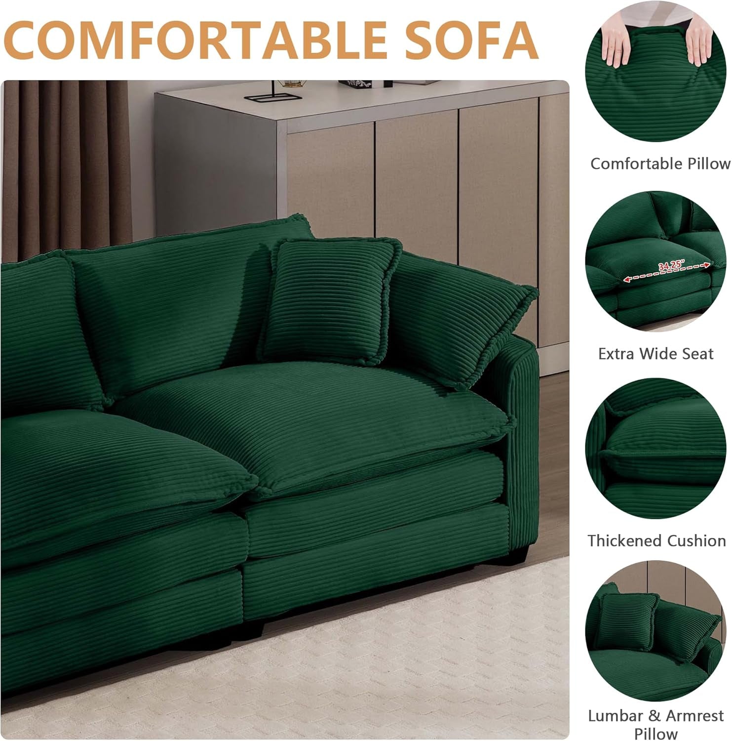 Green sofa with close-up details on comfort features against a neutral background