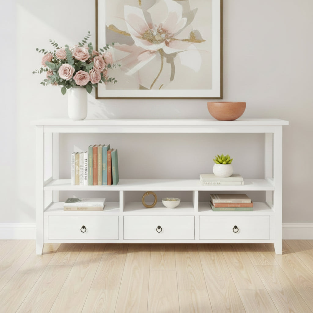 Hardy Haus Vintage White Console Table with Drawers & Shelves