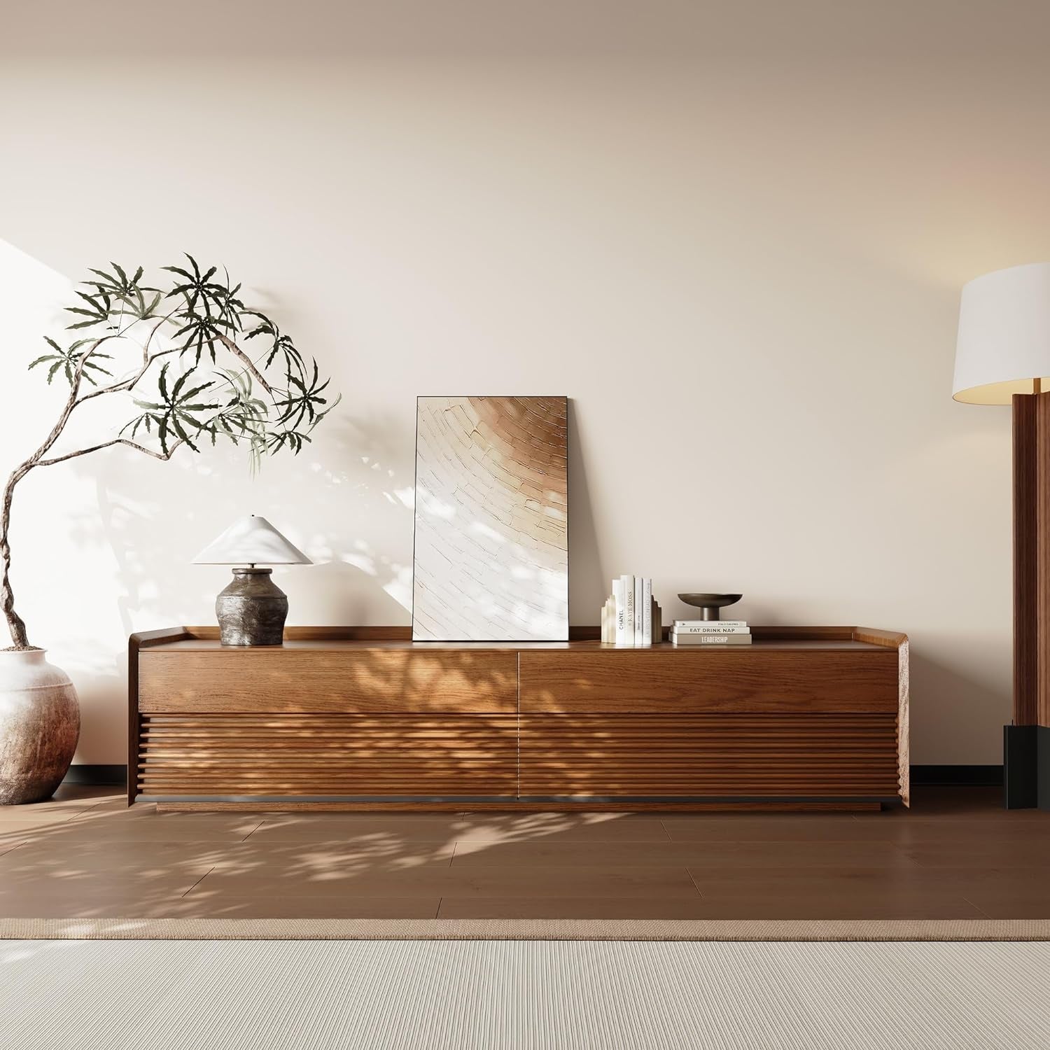 Hardy Haus 78 Inch Walnut Mid Century Modern TV Stand with LED Storage