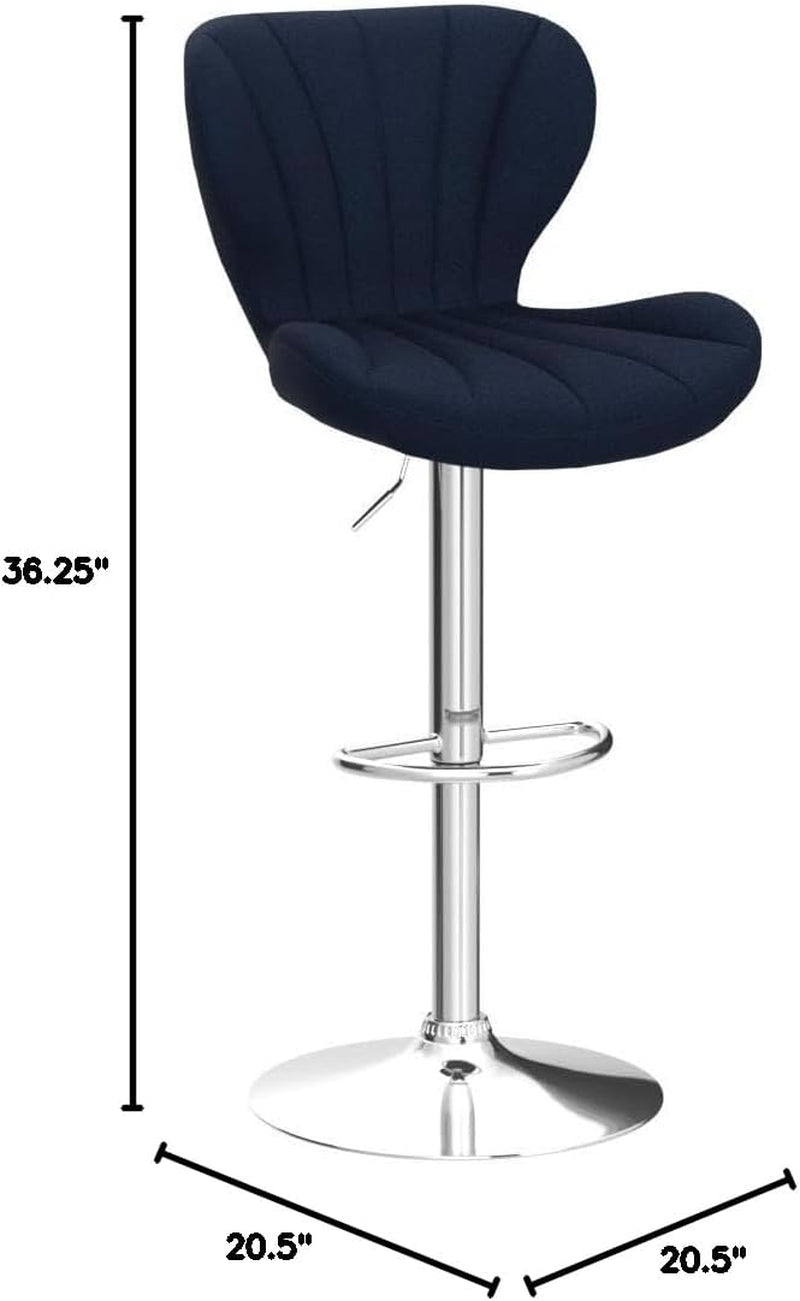 Navy blue bar stool with chrome base and dimensions on a white background