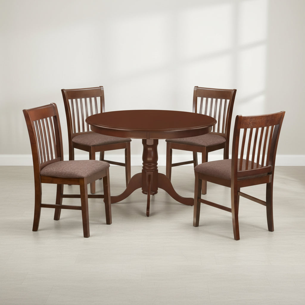 Wooden dining set with round table and four chairs on a white background