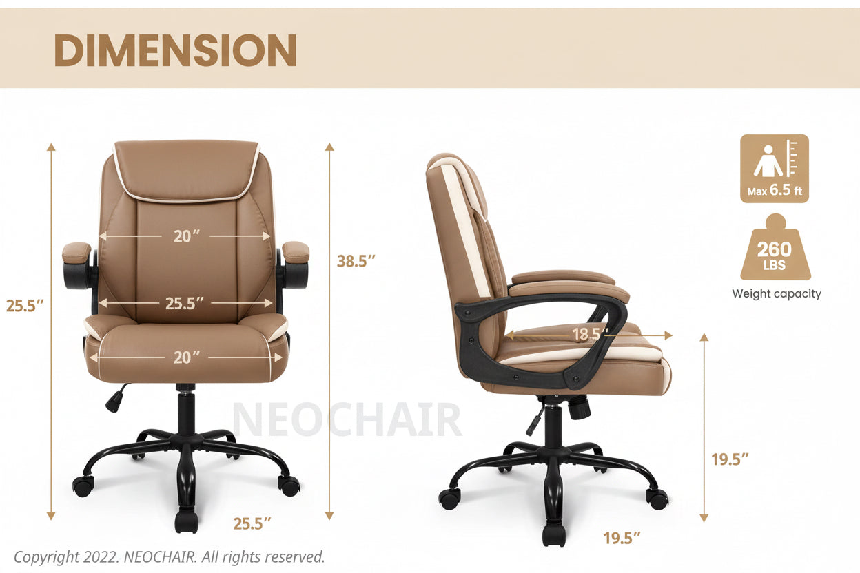 Brown office chair with dimensions and weight capacity displayed