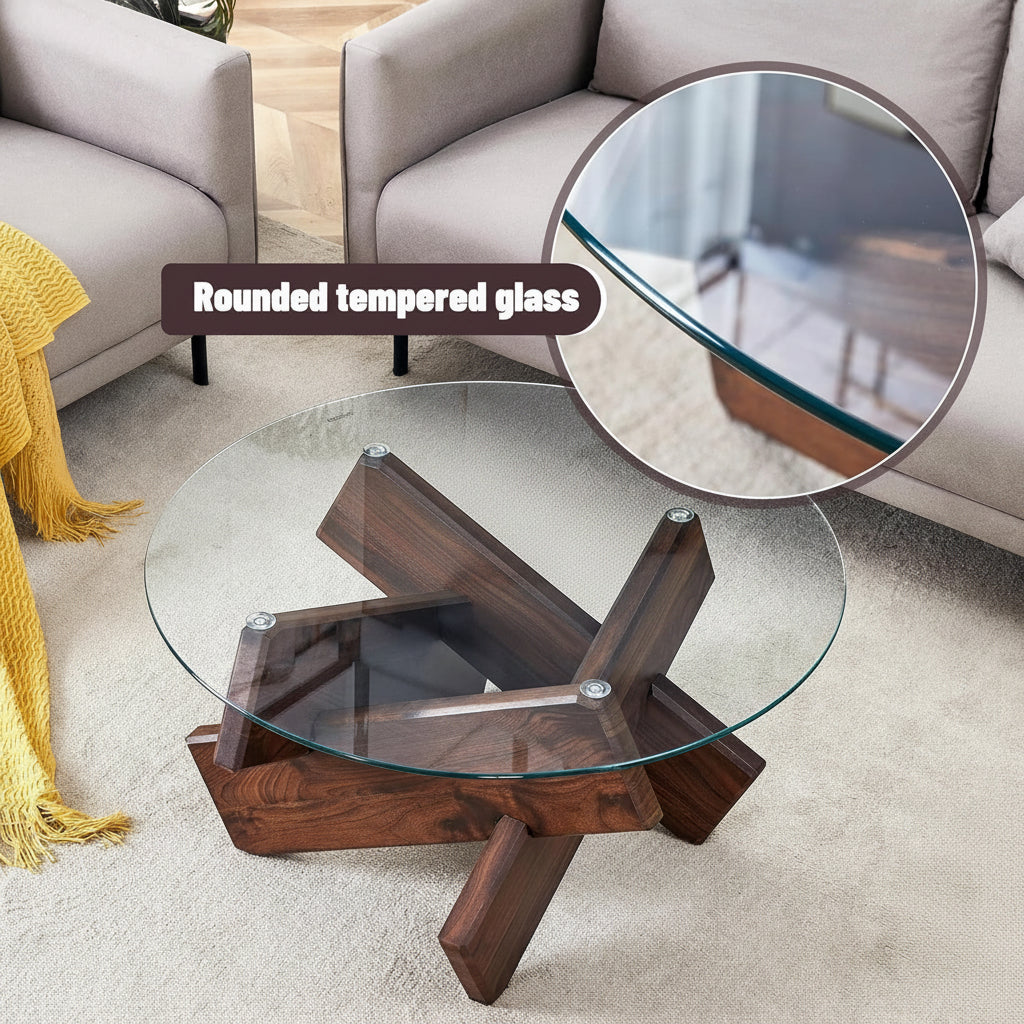 Glass coffee table with wooden base in a living room setting, featuring rounded tempered glass.