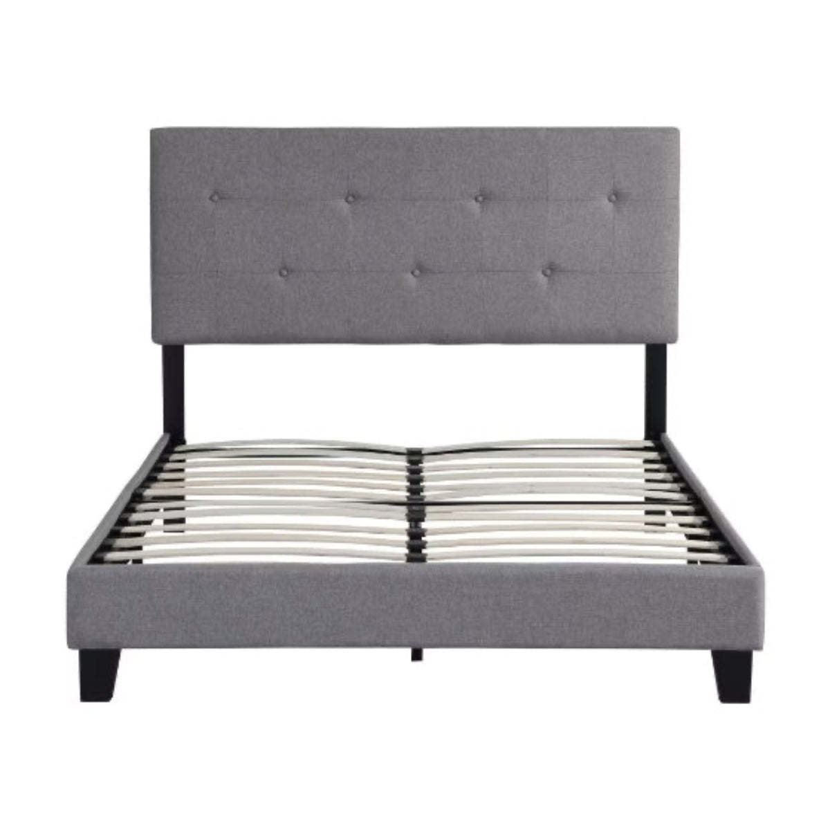 Gray upholstered bed frame with tufted headboard on a white background