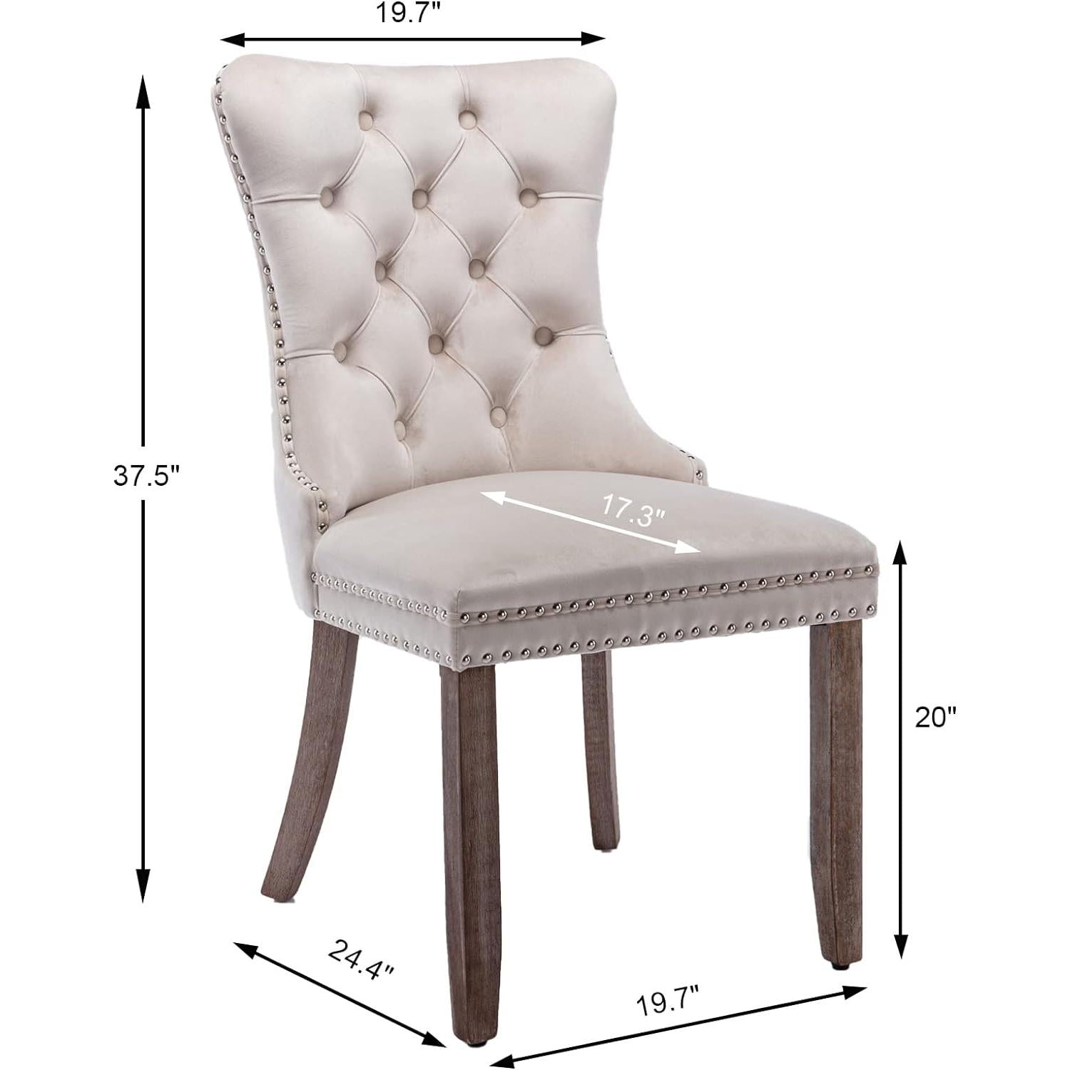 Beige upholstered chair with dimensions marked on a white background