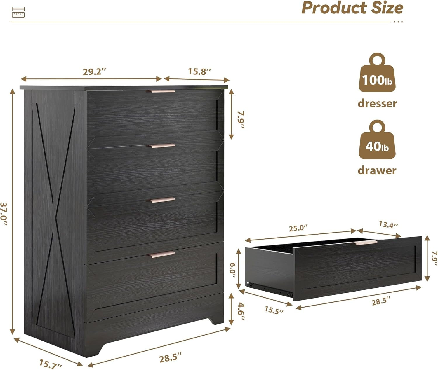 Black dresser with detailed measurements on a white background