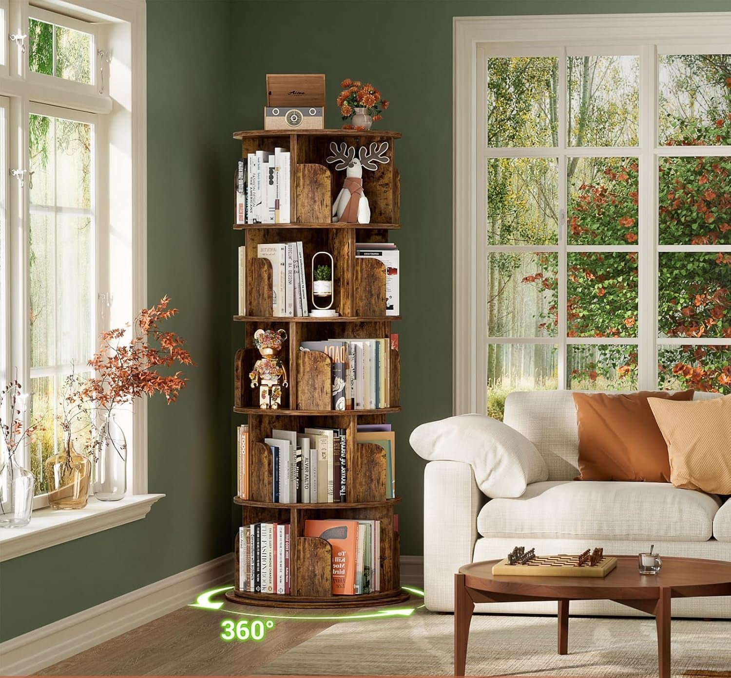 Wooden bookshelf in a living room with books and decorative items, surrounded by windows.