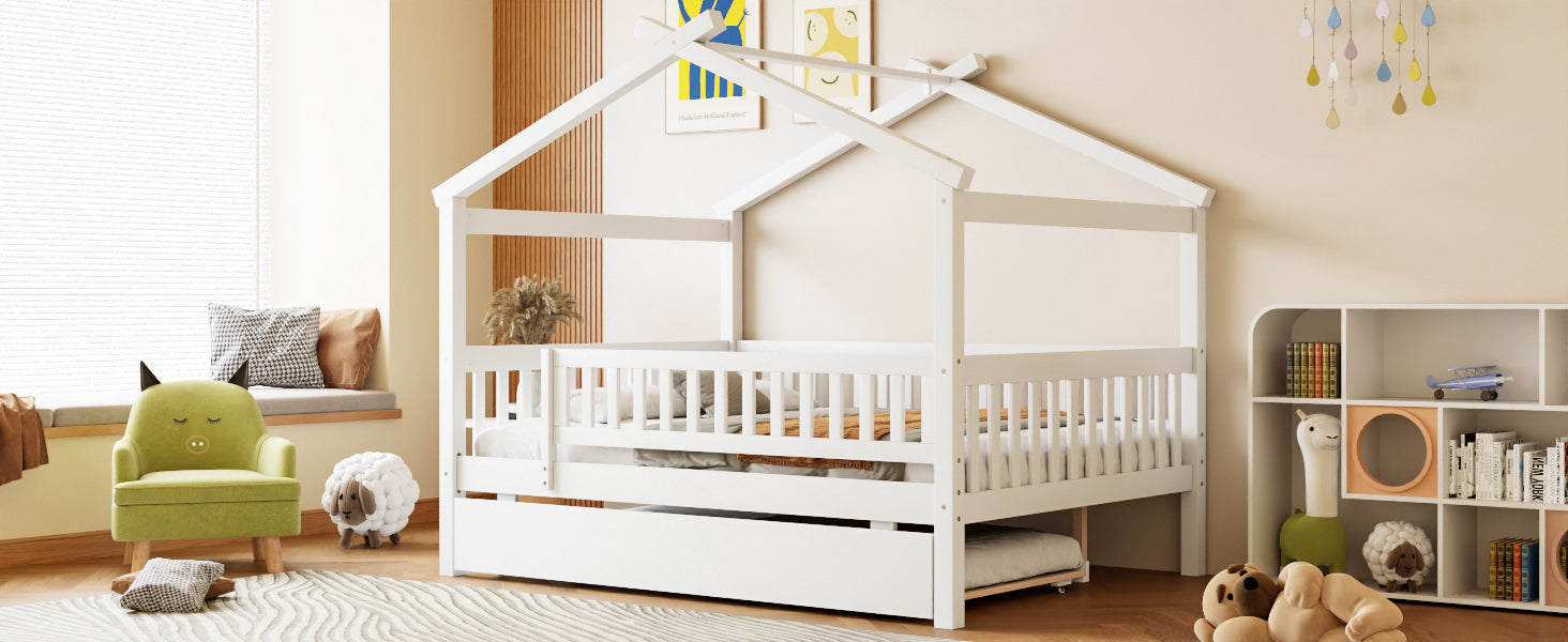 Full Size Wooden House Bed with Twin Size Trundle