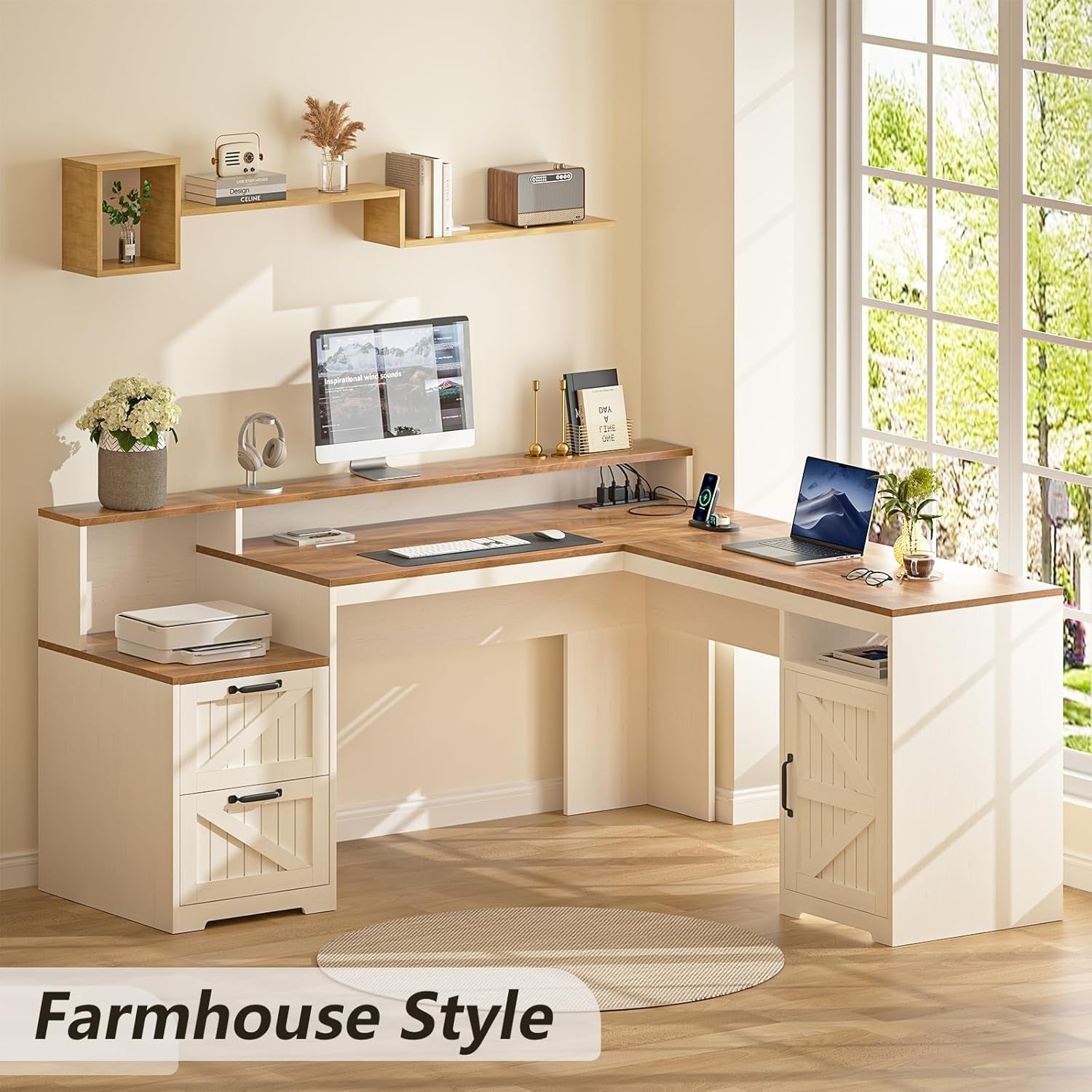 Farmhouse style L-shaped desk with computer setup in a bright room.